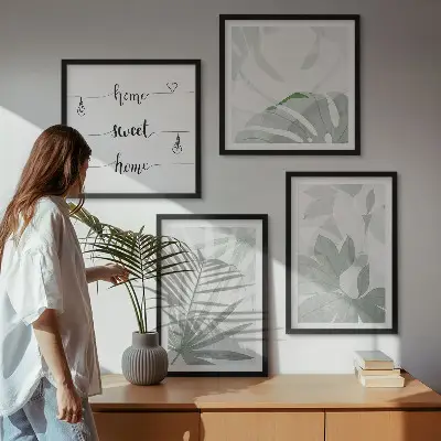 Wall art set with greenish-gray plant leaves