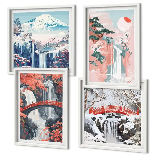 Set of 4 wall art pieces featuring waterfalls, bridges, trees, and seasonal landscapes