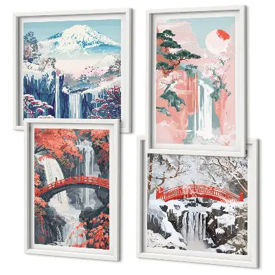 Set of 4 wall art pieces featuring waterfalls, bridges, trees, and seasonal landscapes