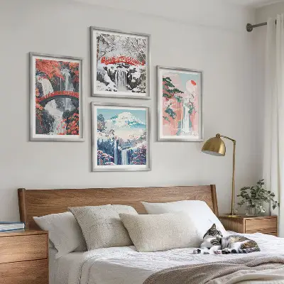 Set of 4 wall art pieces featuring waterfalls, bridges, trees, and seasonal landscapes