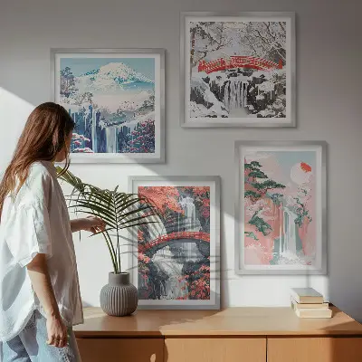 Set of 4 wall art pieces featuring waterfalls, bridges, trees, and seasonal landscapes