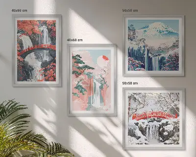 Set of 4 wall art pieces featuring waterfalls, bridges, trees, and seasonal landscapes