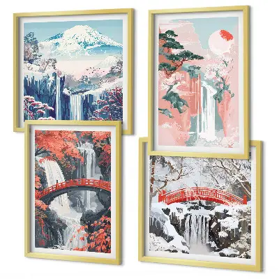 Set of 4 wall art pieces featuring waterfalls, bridges, trees, and seasonal landscapes
