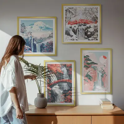 Set of 4 wall art pieces featuring waterfalls, bridges, trees, and seasonal landscapes
