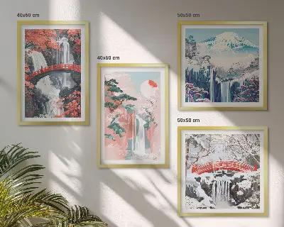 Set of 4 wall art pieces featuring waterfalls, bridges, trees, and seasonal landscapes