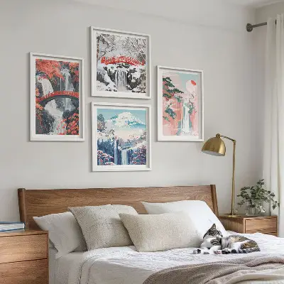 Set of 4 wall art pieces featuring waterfalls, bridges, trees, and seasonal landscapes