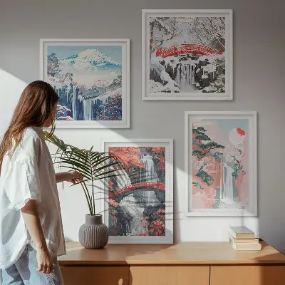 Set of 4 wall art pieces featuring waterfalls, bridges, trees, and seasonal landscapes