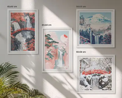 Set of 4 wall art pieces featuring waterfalls, bridges, trees, and seasonal landscapes