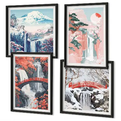 Set of 4 wall art pieces featuring waterfalls, bridges, trees, and seasonal landscapes