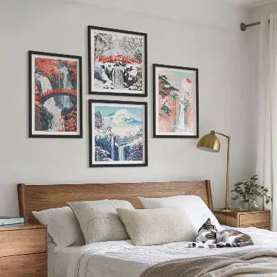 Set of 4 wall art pieces featuring waterfalls, bridges, trees, and seasonal landscapes