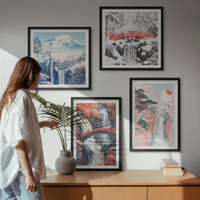 Set of 4 wall art pieces featuring waterfalls, bridges, trees, and seasonal landscapes