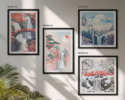 Set of 4 wall art pieces featuring waterfalls, bridges, trees, and seasonal landscapes