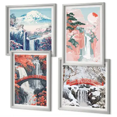 Set of 4 wall art pieces featuring waterfalls, bridges, trees, and seasonal landscapes