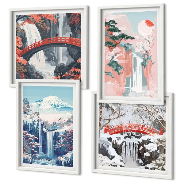 Set of 4 wall art pieces featuring waterfalls, mountains, a bridge, and trees