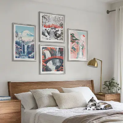 Set of 4 wall art pieces featuring waterfalls, mountains, a bridge, and trees