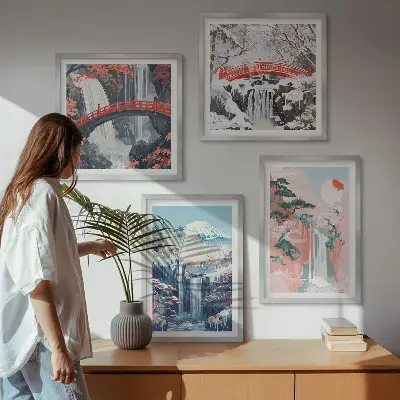 Set of 4 wall art pieces featuring waterfalls, mountains, a bridge, and trees