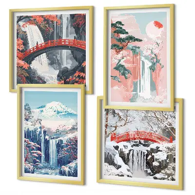 Set of 4 wall art pieces featuring waterfalls, mountains, a bridge, and trees