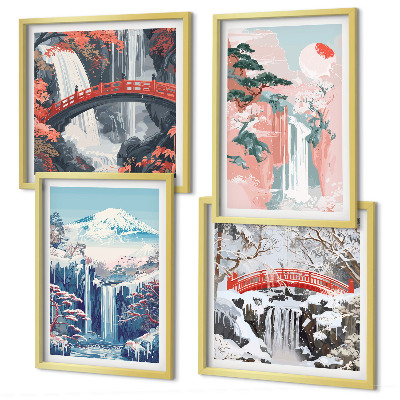 Set of 4 wall art pieces Waterfalls mountains bridge trees