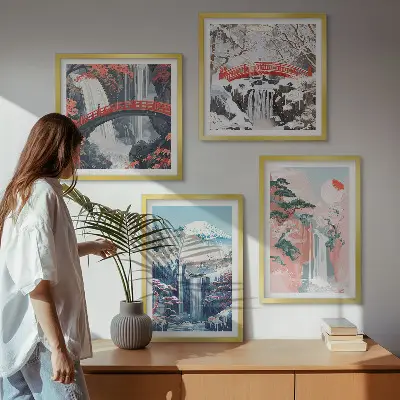 Set of 4 wall art pieces featuring waterfalls, mountains, a bridge, and trees