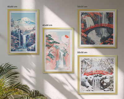 Set of 4 wall art pieces Waterfalls mountains bridge trees