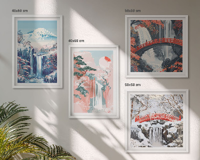 Set of 4 wall art pieces Waterfalls mountains bridge trees