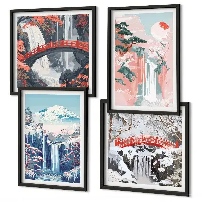 Set of 4 wall art pieces featuring waterfalls, mountains, a bridge, and trees