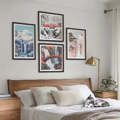 Set of 4 wall art pieces featuring waterfalls, mountains, a bridge, and trees