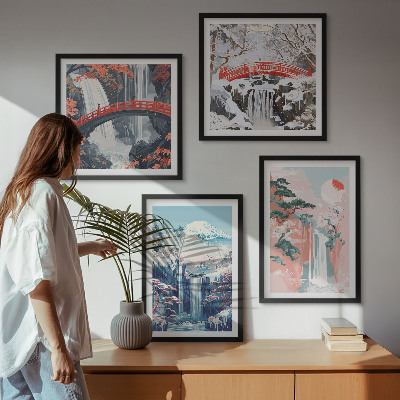 Set of 4 wall art pieces Waterfalls mountains bridge trees