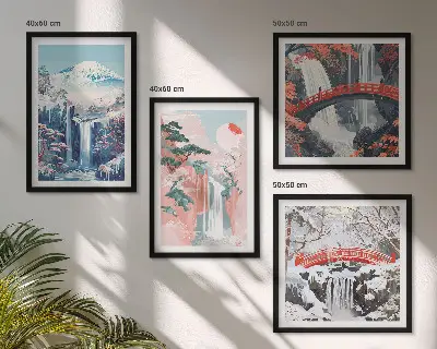 Set of 4 wall art pieces featuring waterfalls, mountains, a bridge, and trees