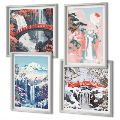 Set of 4 wall art pieces Waterfalls mountains bridge trees