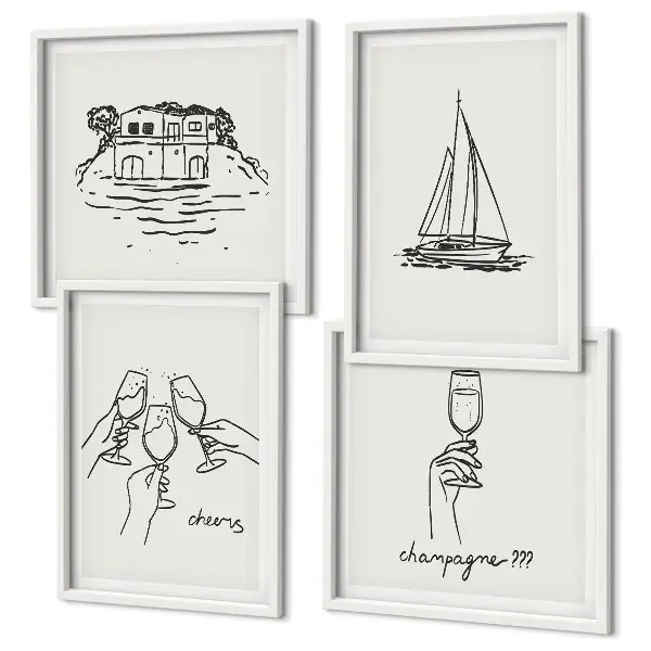 Wall art set featuring a sailboat house on the water