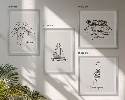 Wall art set featuring a sailboat house on the water