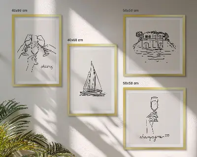 Wall art set featuring a sailboat house on the water