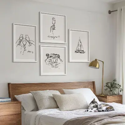 Wall art set featuring a sailboat house on the water