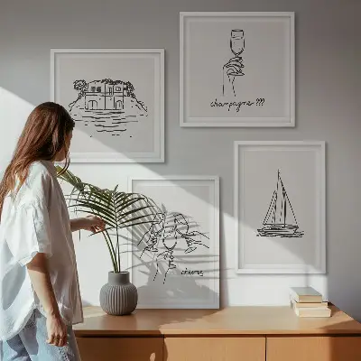 Wall art set featuring a sailboat house on the water