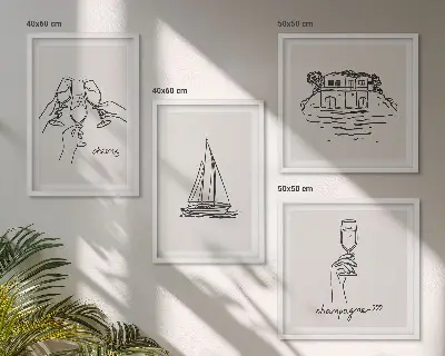 Wall art set featuring a sailboat house on the water