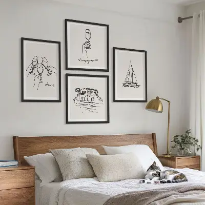 Wall art set featuring a sailboat house on the water