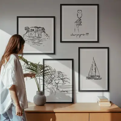 Wall art set featuring a sailboat house on the water