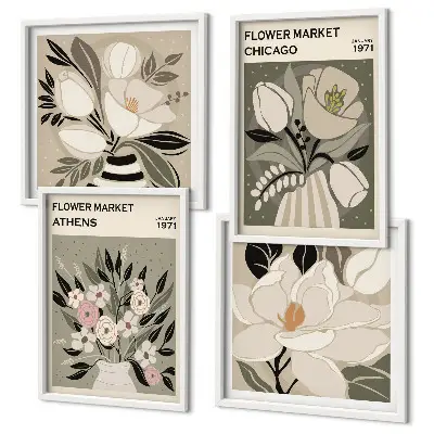 Set of 4 wall art pieces retro floral designs from different cities
