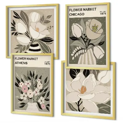 Set of 4 wall art pieces retro floral designs from different cities