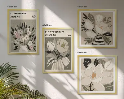 Set of 4 wall art pieces retro floral designs from different cities