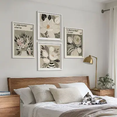 Set of 4 wall art pieces retro floral designs from different cities