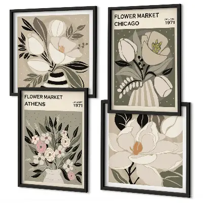 Set of 4 wall art pieces retro floral designs from different cities