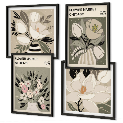 Set of 4 wall art pieces Retro florals from different cities
