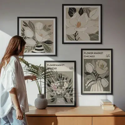 Set of 4 wall art pieces retro floral designs from different cities