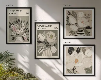 Set of 4 wall art pieces retro floral designs from different cities