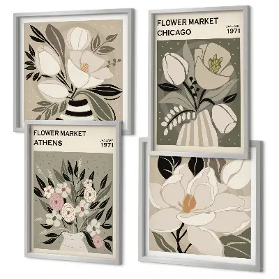 Set of 4 wall art pieces retro floral designs from different cities