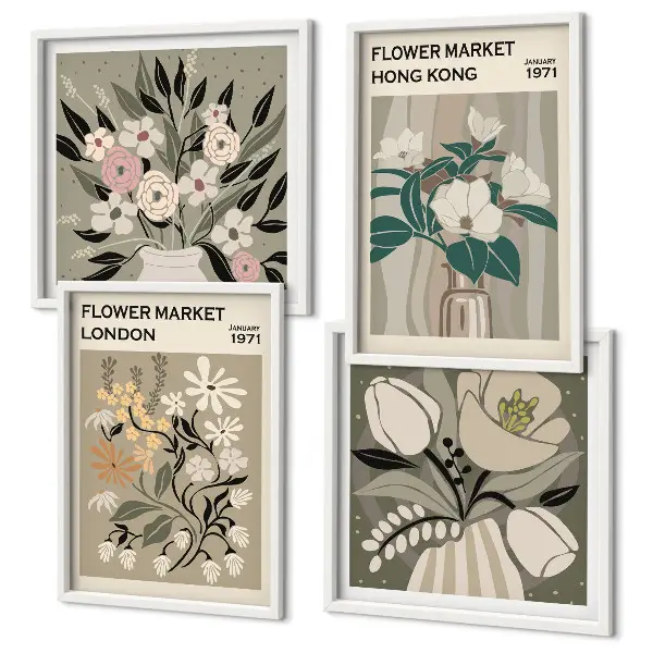 Multi-piece wall decor set floral illustrations of London and Hong Kong