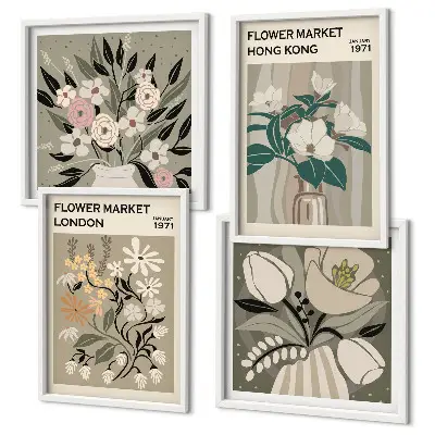 Multi-piece wall decor set floral illustrations of London and Hong Kong