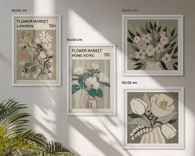 Multi-piece wall decor set floral illustrations of London and Hong Kong